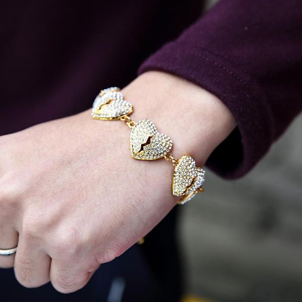 

link, chain gold solid broken heart bracelet bangles men iced out rhinestone adjustable luxury crystal jewelry, Black