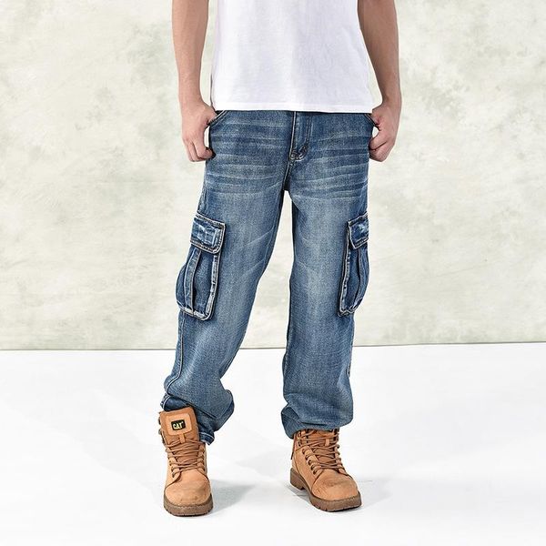 

fashion men's baggy hip hop jeans 2021 plus size 30-46 multi pockets skateboard cargo for men tactical denim joggers, Blue