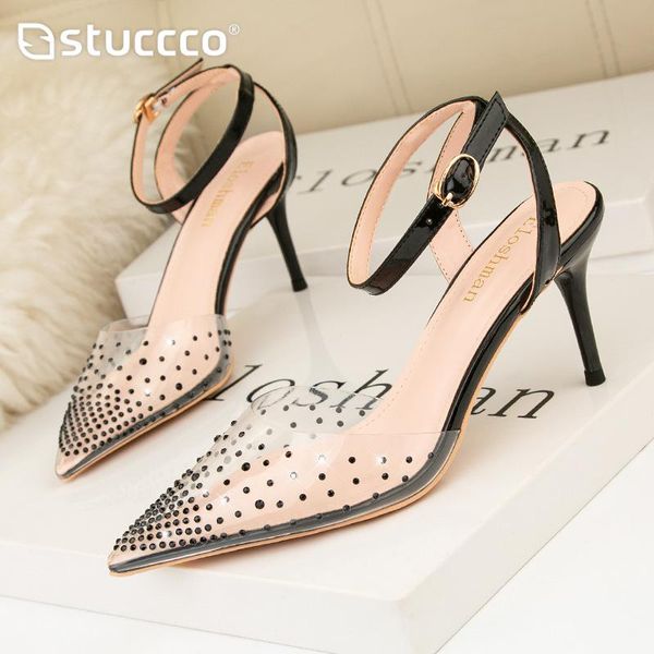 

dress shoes european and american style simple pointed stiletto high heels transparent rhinestone sandals thin heel hollow-out women's, Black