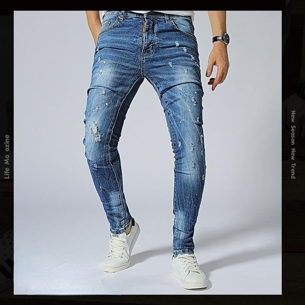 

men's jeans nice arrival four seasons elastic ripped trend all-match slim-fitting tight-fitting trousers, Blue