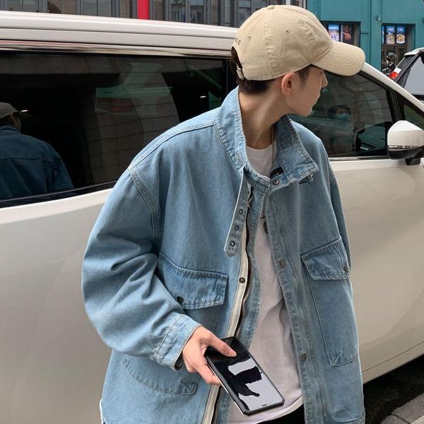 

spring men's stand collar denim jacket korean style trendy big pocket loose casual jackets, Black;brown
