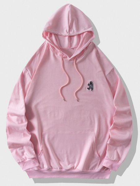 

men astronaut embroidery kangaroo pocket drawstring hoodie r6be#, Black
