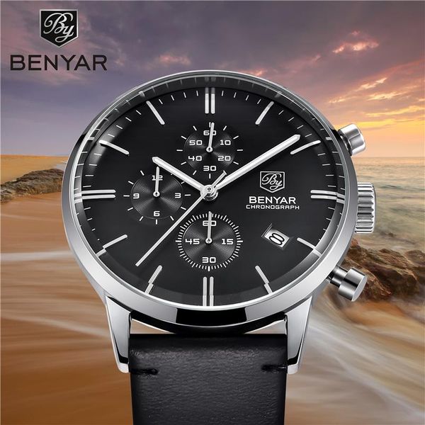 

wristwatches benyar men's watches quartz business large dial wristwatch mens clock sport men chronograph relogio masculino, Slivery;brown