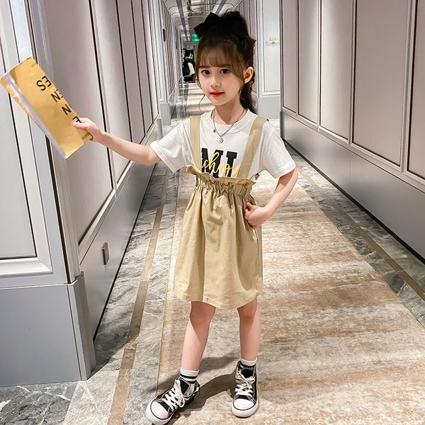 

children girls clothing set 2021 summer short sleeve letter print o-neck t-shirt suspender skirt 2pcs tracksuit teen clothes, White