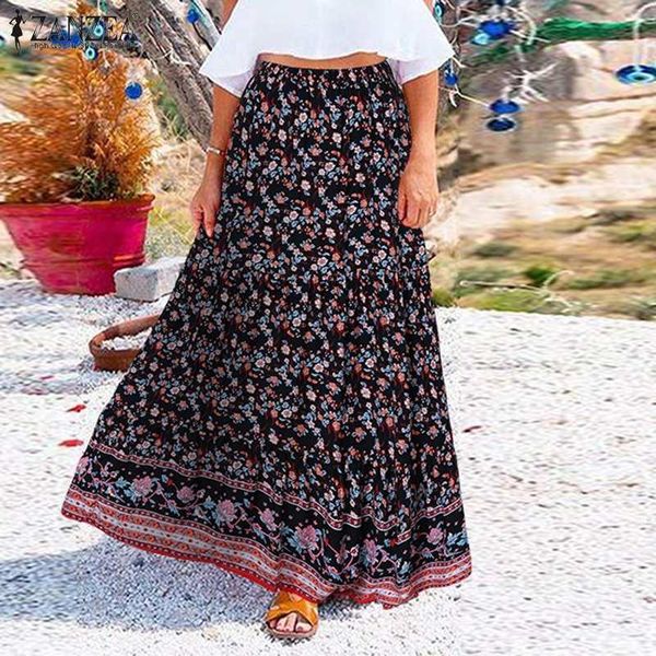 

skirts women floral printed maxi zanzea summer bohemian beach long skirt casual elastic waist holiday faldas saia female jupe, Black