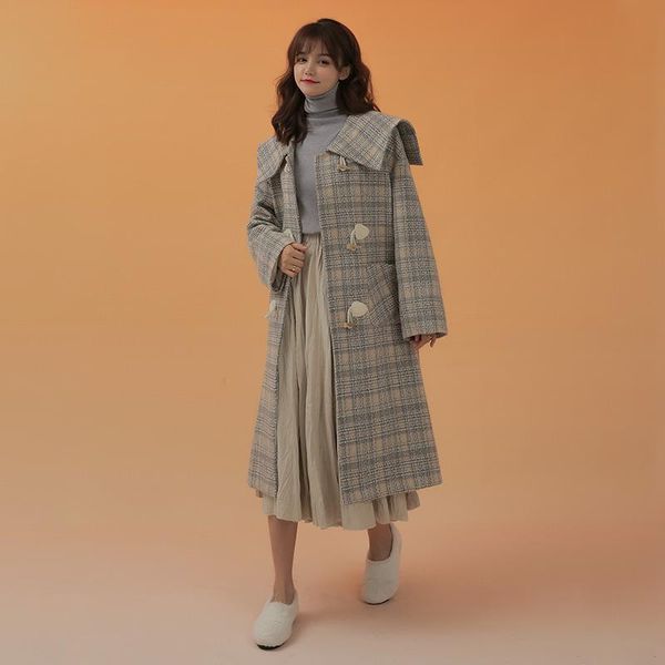

women's wool & blends japanese college style ox horn button coat for medium long woolen winter 2021 navy collared woollen, Black