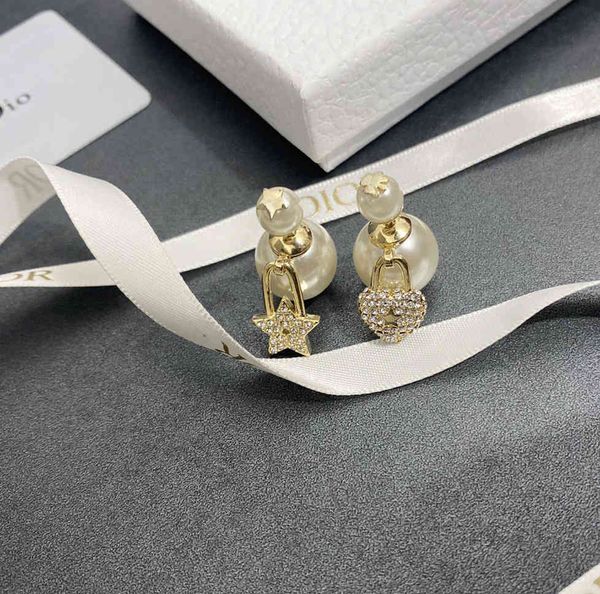 

fashion earrings 2021 d dijia women's gold finish metal size pearl lock love five pointed star, Golden