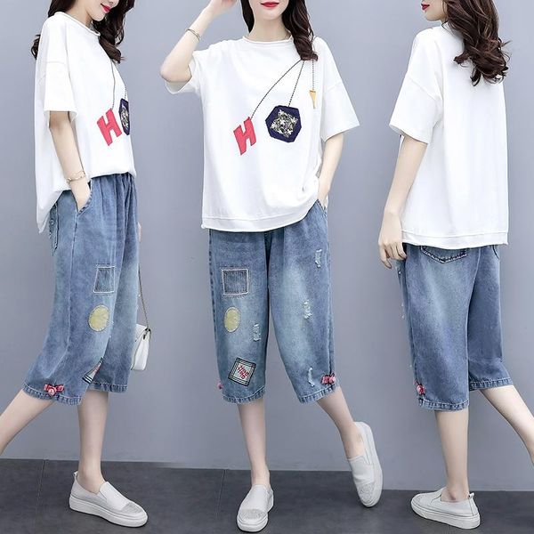 

women's tracksuits sets for women summer 2021 fashion casual two-piece set female loose short sleeve t-shirt cropped trouser suit round, Gray