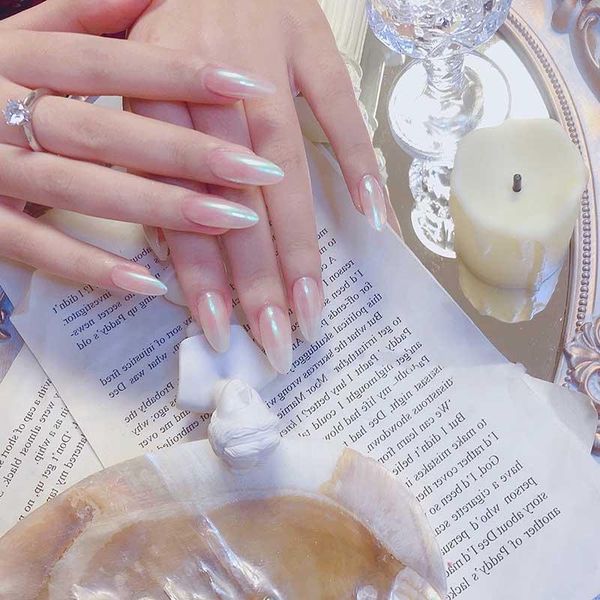 

24pcs finger nail ombre pearl pink fake nails super long stiletto full cover color glossy acrylic kits sets with glue ty false, Red;gold