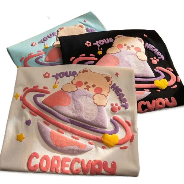 

men's t-shirts 100% cotton what is happy planet couple wear short-sleeved t-shirt and women's loose kitten half-sleeves, White;black