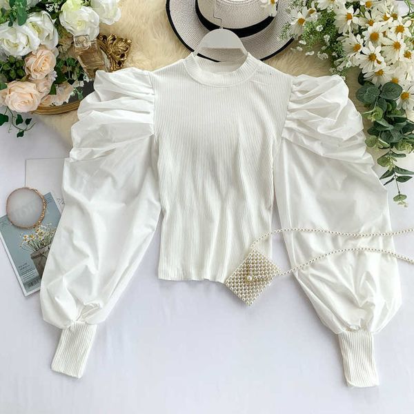 

fashion women casual o neck ladies baggy shirt blouse loose lantern sleeve ploka dot chiffon elegant holiday clothes 210601, White