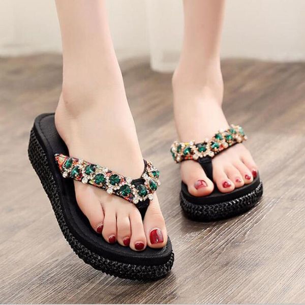

slippers women's flip flopscrystal floral beach sandals wedge platform thongs flops female korean style shoes sy9, Black