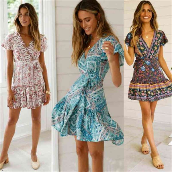 

casual dresses est fashion charming wholesale women short sleeve wrap boho floral mini ladies summer sun holiday, Black;gray