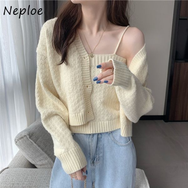 

neploe o neck long sleeve single breast knit sweater cardigans women spring slim pull femme all match solid sueter 210510, White;black