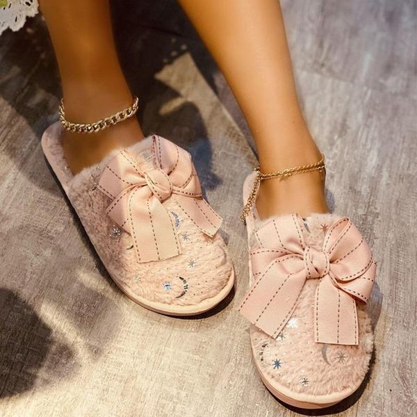 

women home slippers winter women's warm bowtie flats woman house fur slides ladies comfortable footwear female short plush shoes, Black