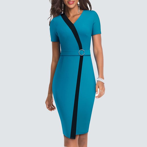 

dresses women business patchwork ring brief one piece summer wear to work slim pencil hb539, Black;gray