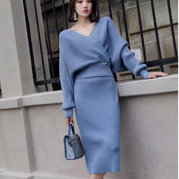 

two piece dress winter bling knitted 2 set women lantern sleeve v neck sweater elastic waist skirt female suit pink black, White