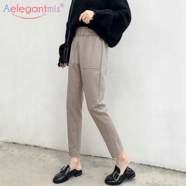 Aelegantmis addensare pantaloni di lana larghi taglie forti donna matita vita alta pantaloni da lavoro femminili pantaloni da donna per il tempo libero 210607