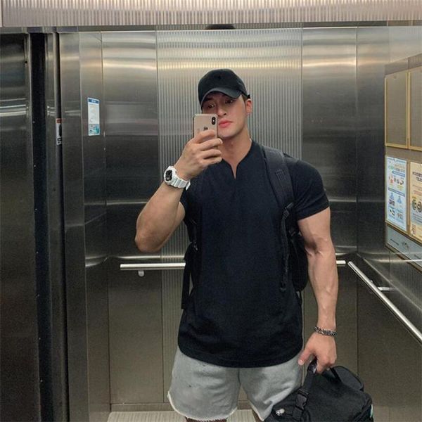 

running jerseys t-shirt men gym short sleeve cotton v neck slim fitness t shirt bodybuilding workout tee summer clothing, Black;blue