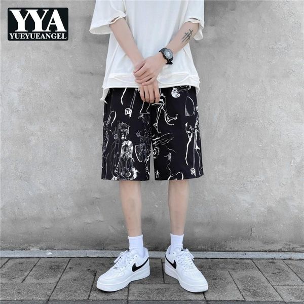 

men summer travel vacation knee-length print shorts loose thin pockets males fashion casual beach straight middle men's, White;black