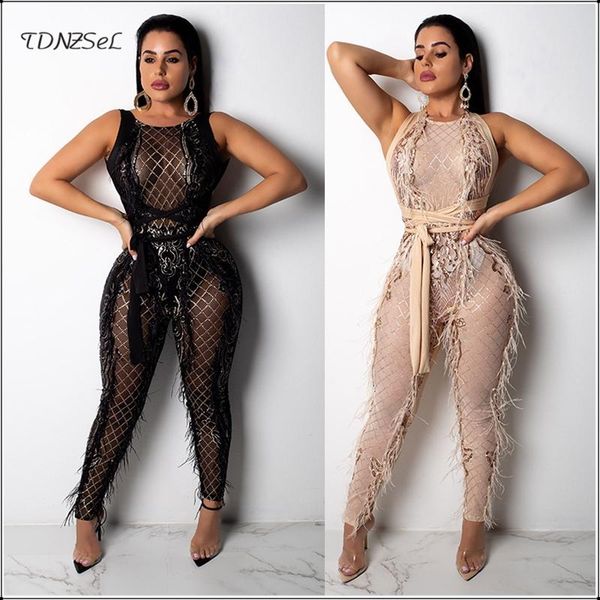 

women's jumpsuits & rompers women mesh sequined sleeveless skinny jumpsuit bandage backless feathers glitter nightclub party shiny see, Black;white