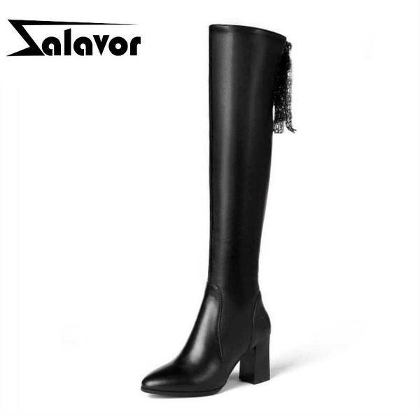 

boots zalavor size 31-45 women thigh high real leather fur winter warm women's shoes fashion heel woman footwear, Black