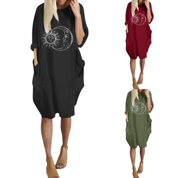

casual dresses moon and sun printing dress for women long sleeve loose o neck vintage wiht pockt vestido de manga longa, Black;gray