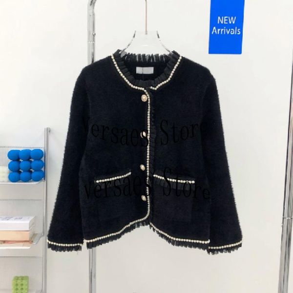 

women's jackets 2021 luxury design fashion classic pearl lace ruffle round neck long sleeve mink lady temperament coat cardigan, Black;brown
