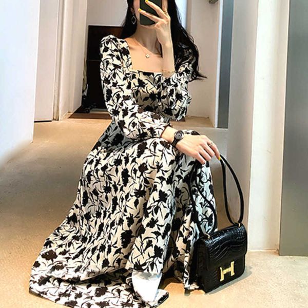 

casual dresses floral midi autumn elegant chiffon party female vintage hepburn style irregular fall women clothing 2cem, Black;gray