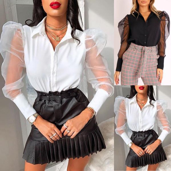 

women's blouses & shirts women shirt mesh long puff sleeve sheer tee slim fit casual solid button ladies see through loose autumn sprin, White