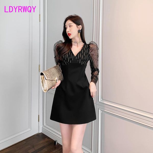 

casual dresses 2021 autumn female puff sleeve dress small man office lady zippers knee-length, Black;gray