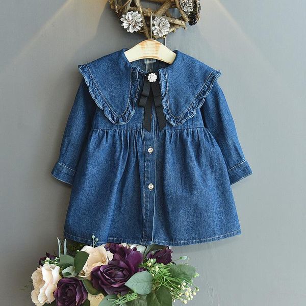 

girl's dresses winter 2021 girls dress cute denim long sleeve ruffles collar blue solid streetwear vestidos 18m-6t, Red;yellow