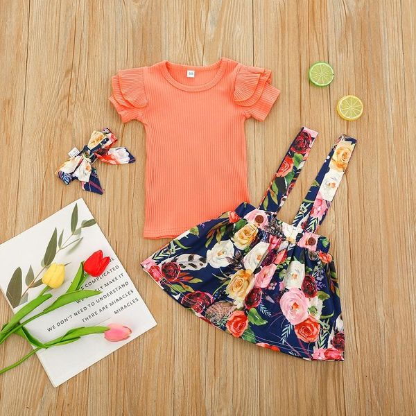 

1-6y toddler kids baby girl short sleeve cotton t-shirt floral suspender skirt headband 3pcs girls clothing set sets, White