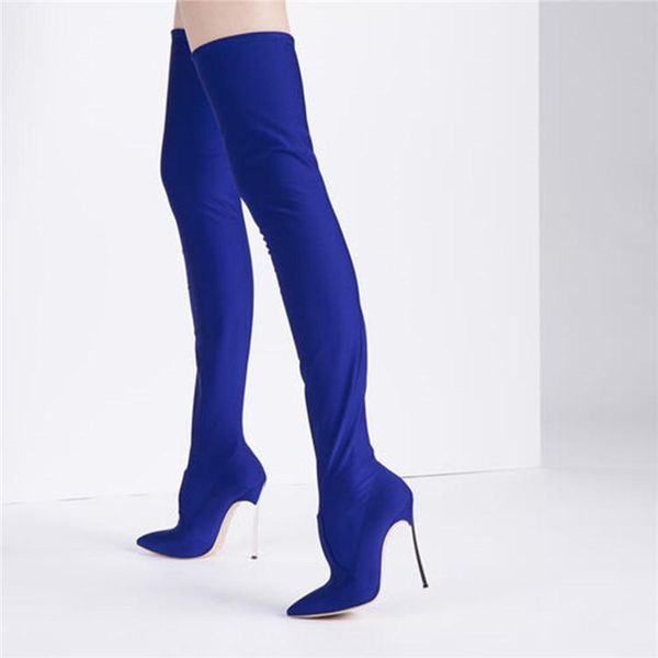 

boots woman thin thigh-high metal heels female over the knee high slip on pointed toe stretch fabric long, Black