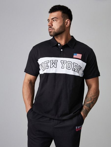

extended sizes men letter & flag print polo shirt z526#, White;black