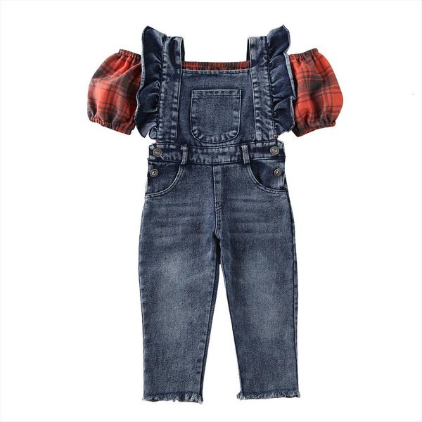 

boutique kid clothes fashion kids baby girl sets plaid print puff sleeve vest crop denim suspender pants outfit, White