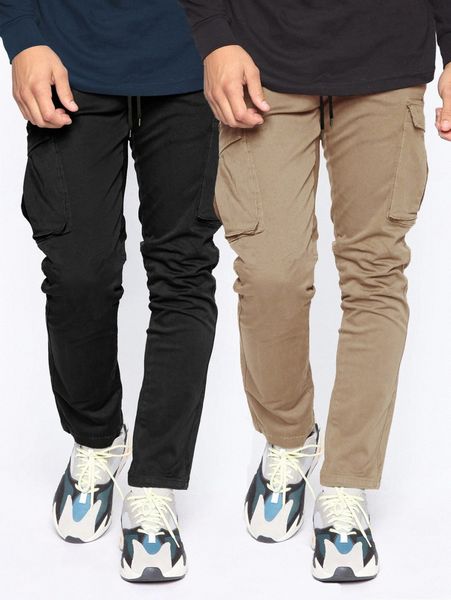 

men 2pcs flap pocket drawstring waist cargo pants x6hs#, Black