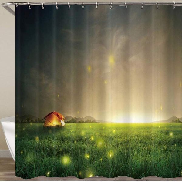 

shower curtain,firefly green grassland camping outdoor tents and fireflies,polyester fabric waterproof bath curtains hooks