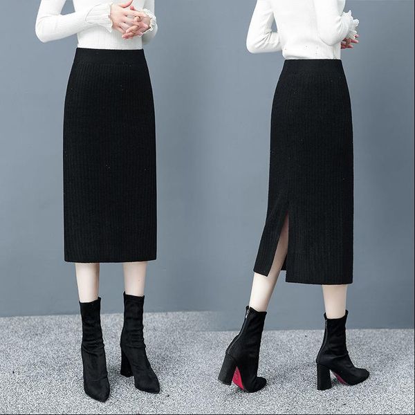 

elegant 60 80cm elastic waist women skirt autumn winter warm rib knitted straight midi black thick split pencil