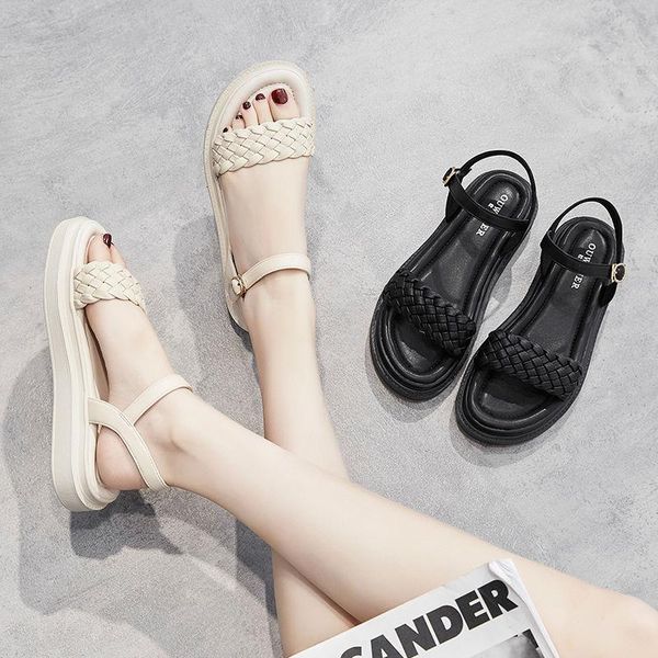 

sandals women 2021 summer leather thick-soled casual designer shoes flats sandalias mujer female de verano platform, Black