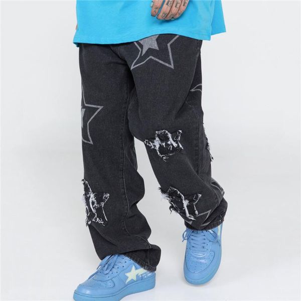 

men's jeans men denim clothing stars embroidery baggy oversized hip hop fashion streetwear casual black pants trousers, Blue