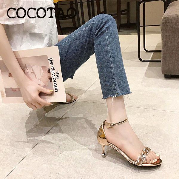 

fashion rhinestone sandals female fairy wind 2021 summer open-toe word buckle high heels fine heel, Black
