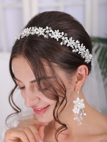 

Silver Tiara Wedding Headdress Shiny Rhinestone Pearl Luxury Headband Elegant Women Hair Jewelry Set Bridal Hair Accessories