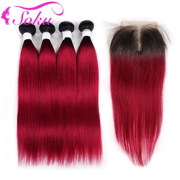 

human hair bulks t1b/burg ombre red bundles with closure 4x4 soku 4pcs brazilian straight weave non-remy, Black