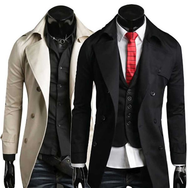 

new trench coat jacket overcoat casual men's windbreakers solid color long men fashion autumn jackets x0621, Black;brown