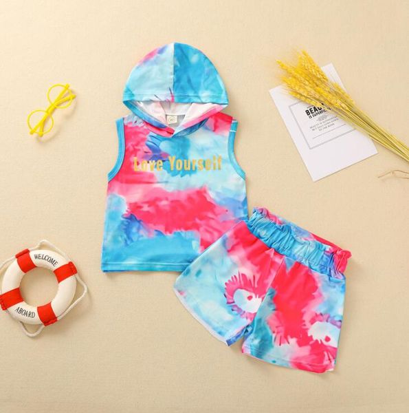 

kids clothing sets boys girls summer tie-dye sleeveless shorts suit children hooded vest western style printing boutique clothes wmq879, White