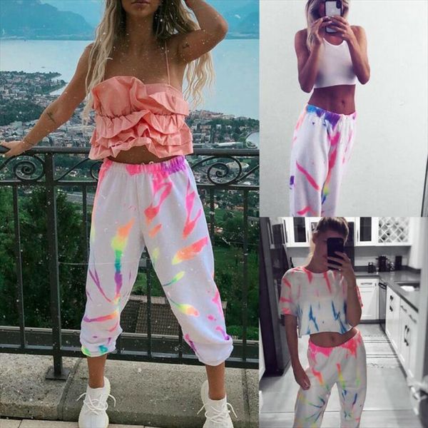 

fashion tie dye jogger women capri high waist long active girls sport elastic sweatpants, Black;white