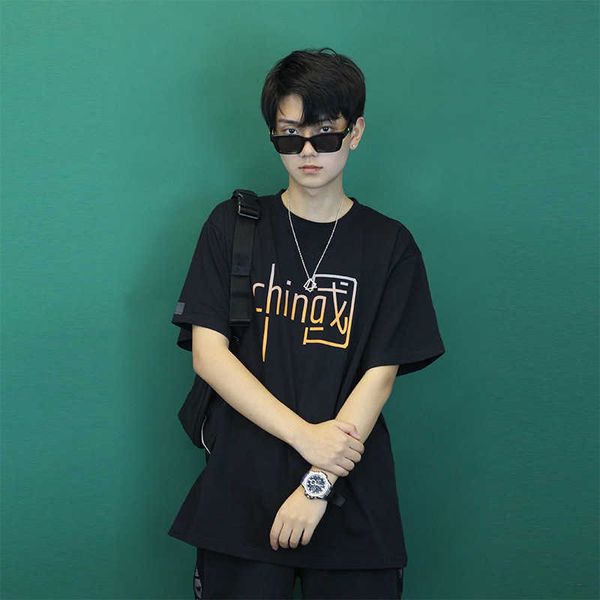 

relaxed summer fashion brand t-shirt chine style gradual change national printed cotton short sleeve lovers hip hop, White;black