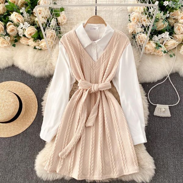 

lin spring autumn women sashes slim waist dress fake two pieces blouse patchwork knitted dresses casual, Black;gray
