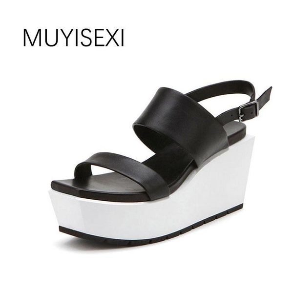 

sandals women platform 9 cm high heel genuine leather wedges shoes for sandalias mujer hl88 muyisexi 3mjo, Black